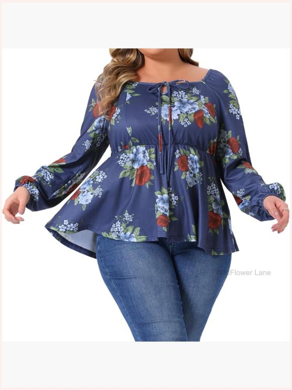 Plus Size Floral Sweetheart Neck Peplum Top Long Sleeve Blouse